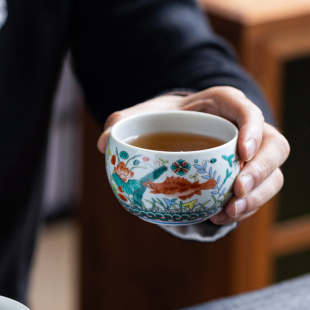 品茗杯缸杯大 草木灰鱼藻纹圆口杯单个主人杯茶具茶杯陶瓷仿古中式