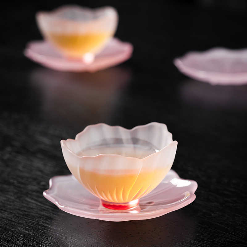 尚器琉璃玻璃牡丹茶杯小清新花口杯女士专用喝茶杯子单个粉色可爱