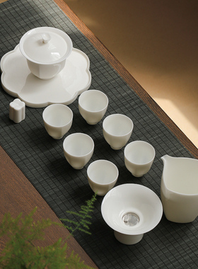 羊脂玉白瓷功夫茶具套装白色盖碗茶杯陶瓷礼盒装轻奢高档泡茶家用