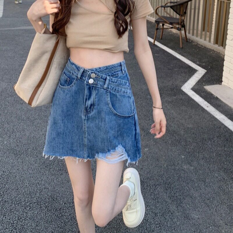 大码胖妹妹防走光牛仔半身裙女春夏新款设计感小众包臀A字短裙子