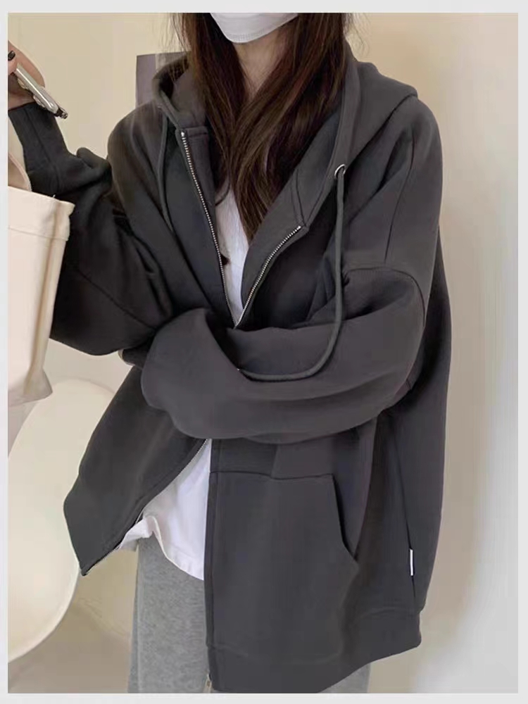 大码胖妹妹卫衣外套女春秋冬新款加绒拉链慵懒风宽松加厚连帽开衫