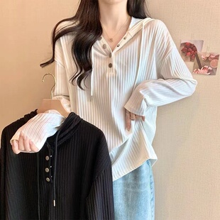 打底衫 设计感宽松长袖 显瘦上衣 胖妹妹坑条连帽T恤女春秋新款 大码
