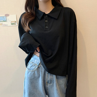 大码胖妹妹长袖t恤女内搭polo领打底衫2026春秋新款宽松显瘦上衣