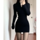 针织打底连衣裙女春秋冬新款 大码 胖妹妹长袖 显瘦性感包臀小黑裙子