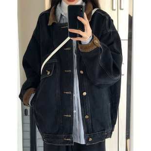 大码港风黑色美式复古牛仔外套女春秋新款设计感宽松显瘦夹克上衣