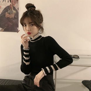 大码胖妹妹半高领内搭毛衣女春秋冬网纱拼接长袖针织打底衫上衣