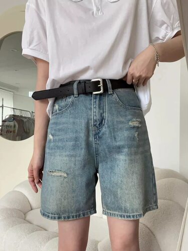 阔腿中裤短裤牛仔春夏直筒破洞