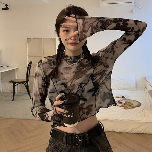 大码胖mm扎染上衣女2026夏季新款内搭薄款打底衫网纱防晒长袖T恤