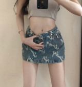 新款 大码 胖妹妹印花牛仔半身裙女夏装 显瘦高腰a字复古包臀短裙子