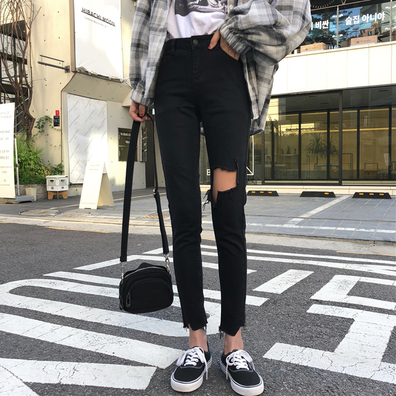 破洞九分牛仔裤女高腰宽松显瘦春夏季韩版大码胖mm百搭小脚铅笔裤