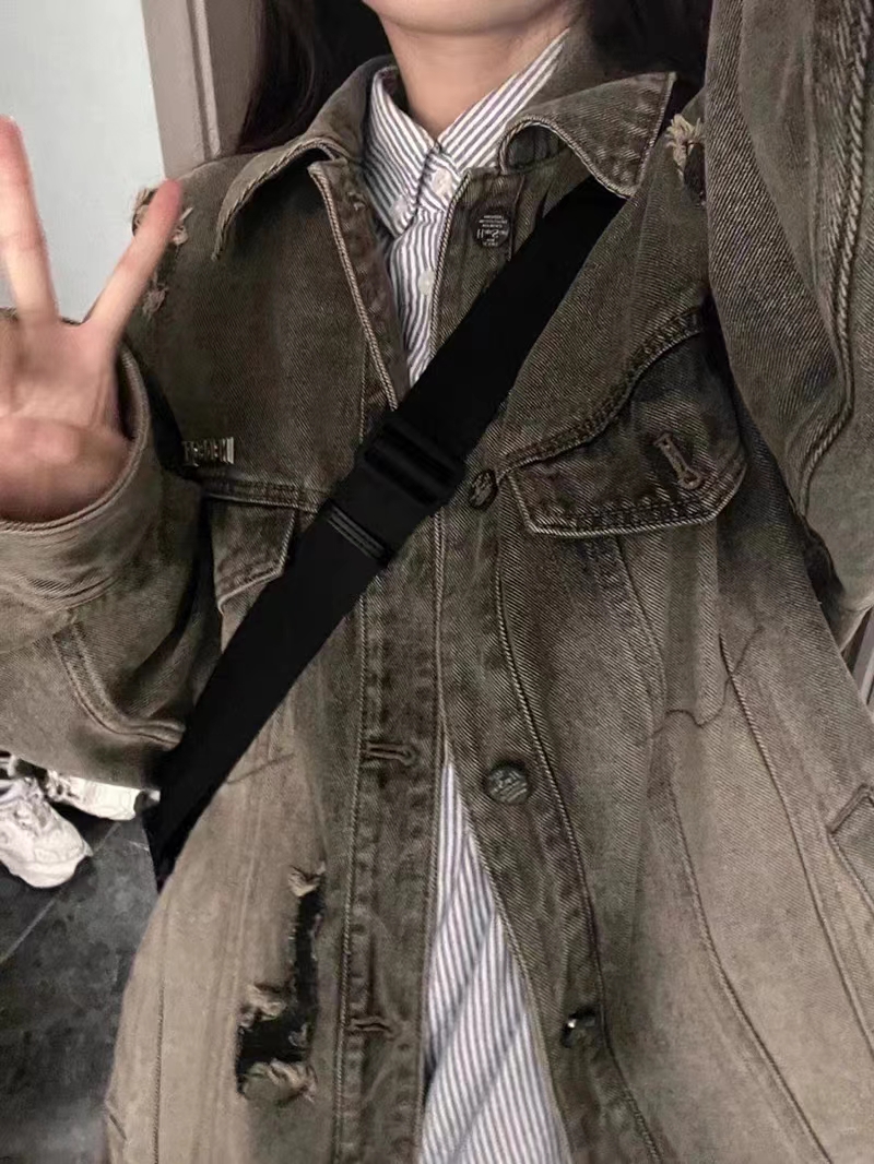 复古水洗破洞夹克外套宽松百搭