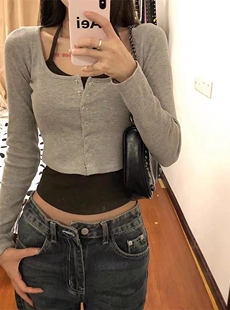 打底衫 T恤女春秋新款 设计感甜辣上衣 胖妹妹假两件纯欲风长袖 大码