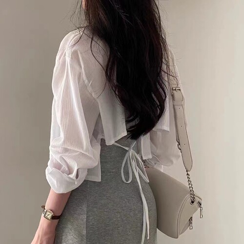 夏季设计感后背绑带短款系带衬衫