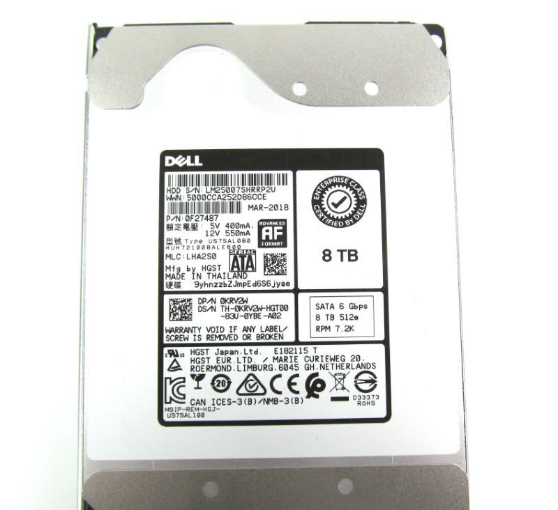 戴尔DELL KRV2W 0KRV2W 8T SATA 3.5 7.2K 6GB 512e硬盘T430 R730