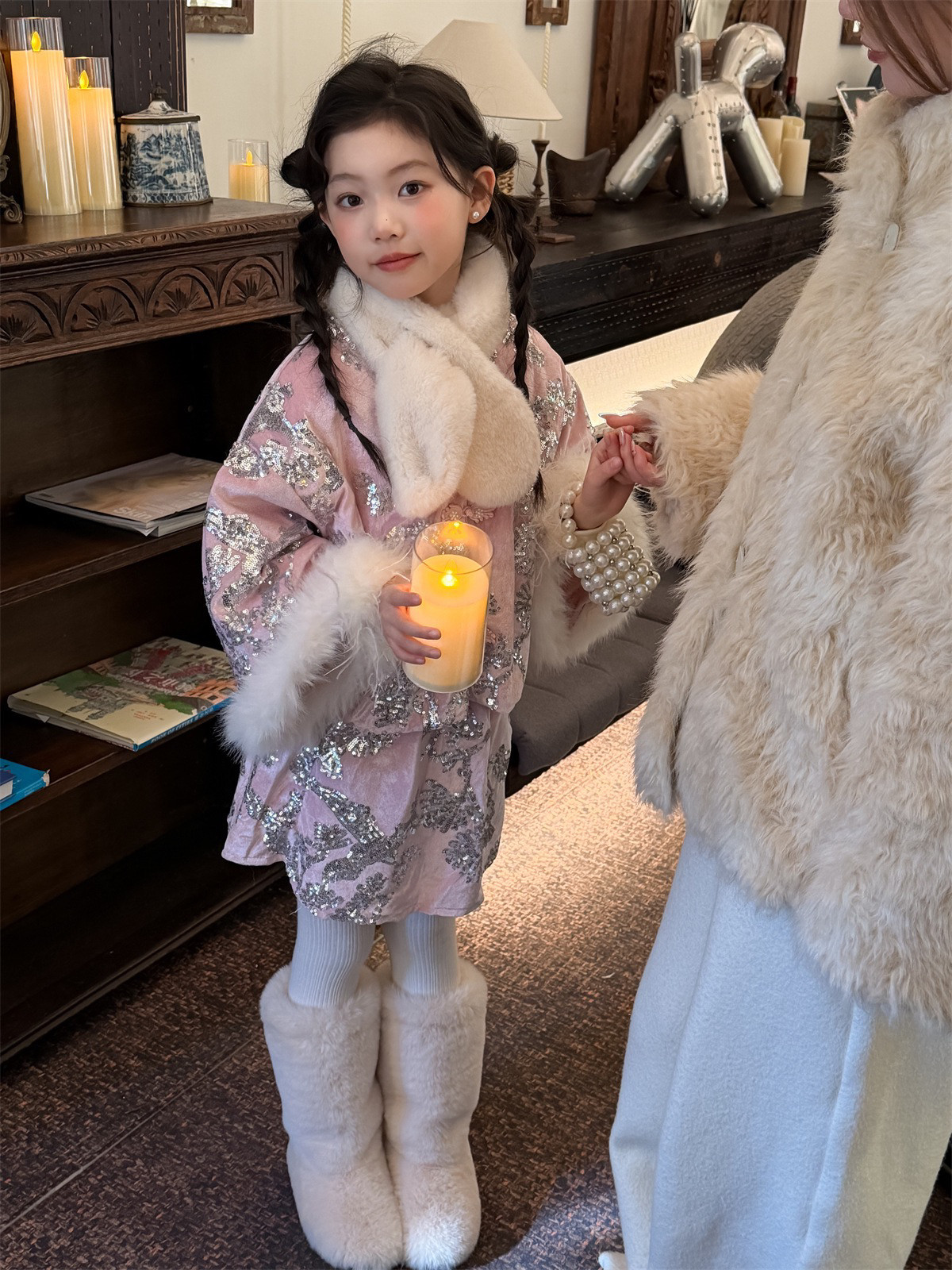 新年礼服套装2025冬女童洋气新中式亮片毛毛领棉服旗袍外套两件套
