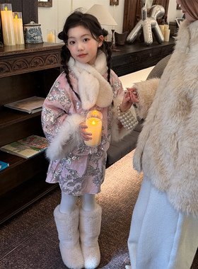 新年礼服套装2025冬女童洋气新中式亮片毛毛领棉服旗袍外套两件套