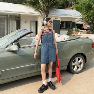 Punkhoo 复古牛仔背带裙女夏季新款宽松显瘦无袖连衣裙设计感小众