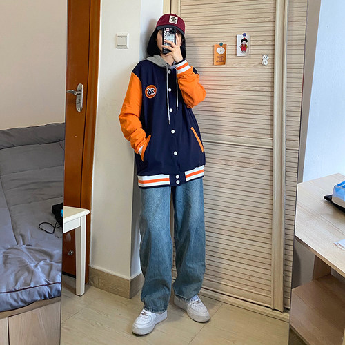 撞色拼接工装复古情侣开衫棒球服