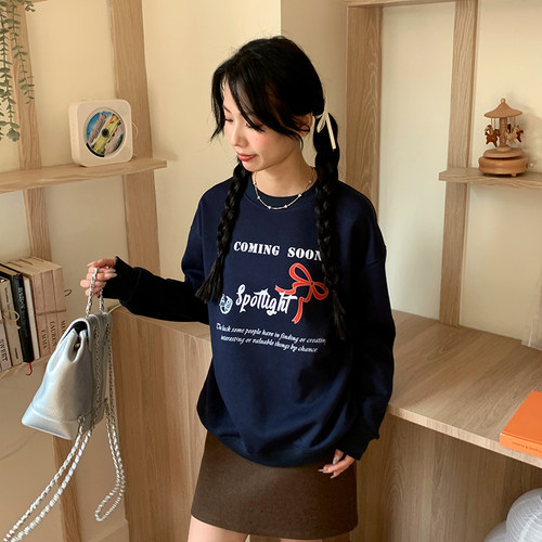 Punkhoo 圆领复古春季藏青色长袖卫衣女韩版学院风休闲百搭格雷系