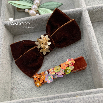 Pandodo原创手作包邮小众 儿童丝绒蝴蝶结手工发夹 重工花簇边夹