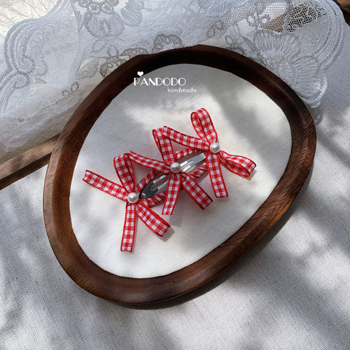 Pandodo原创手工蝴蝶结发夹 甜酷女孩红色格子发饰BB夹 女童边夹