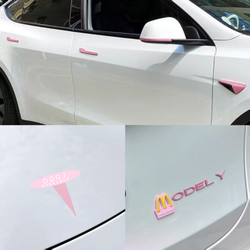 适用特斯拉ModelY/3焕新车标樱花粉色尾门贴门把手装饰丫配件改装