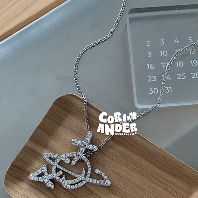 Coriander香菜 丘比特的箭 满钻线条星球长款项链毛衣链