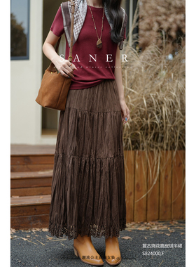 特价SANER正品秋冬2025新款824000女装复古风烧花鹿皮绒显瘦半身