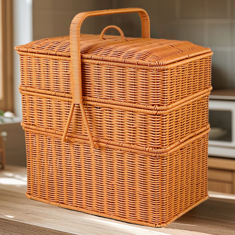 户外野餐双层拜拜篮藤编织手提箱大容量买菜水果篮带盖购物篮