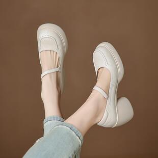 屎真皮感2025圆头浅口跟单鞋百搭新款粗玛丽踩高跟鞋春夏女珍厚底