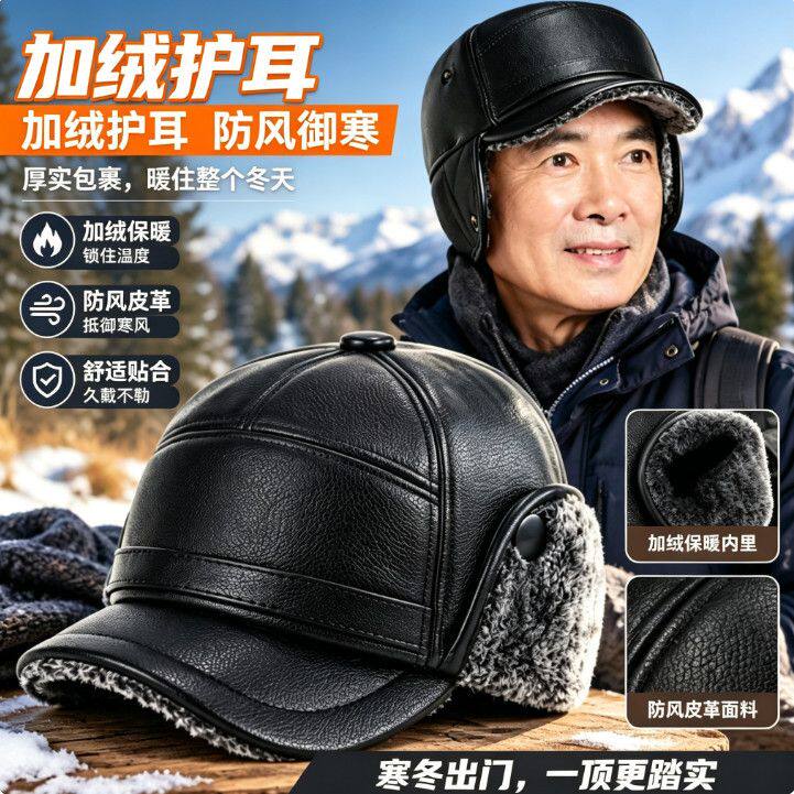 中老年人帽子男士爸爸秋冬季保暖皮帽加绒加厚防风老头护耳鸭舌帽