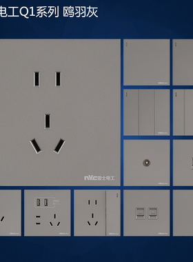 NVC雷士电工Q1灰色墙壁暗装5孔空调86型USB五孔带开关插座 无框面