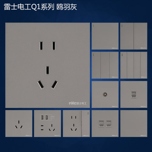 雷士电工86型带开关插座灰色五孔