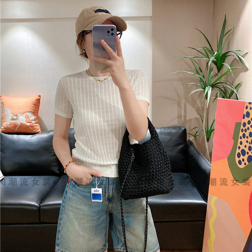 轻薄透气OL通勤弹力修身坑条莱赛尔亚麻圆领短袖针织衫纯色女夏