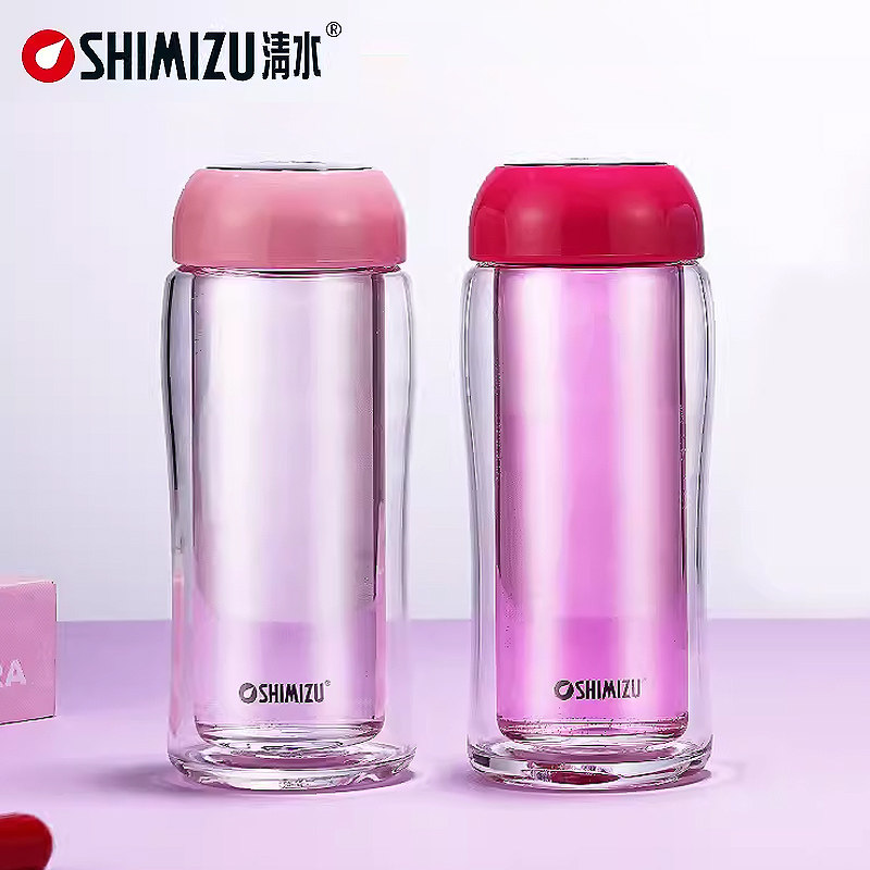 清水8101双层玻璃杯男女士耐热可携式随行杯创意曲线可爱水杯子