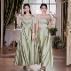 2025新款 高级小众姐妹团性感显瘦气质平时可穿 绿色伴娘服缎面夏季