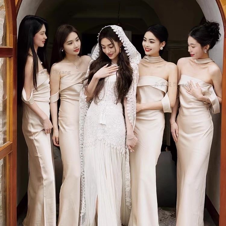 伴娘服2025新款夏季香槟色冰丝缎面高级感姐妹团法式晚礼服裙显瘦