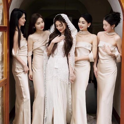 伴娘服2025新款夏季香槟色冰丝缎面高级感姐妹团法式晚礼服裙显瘦