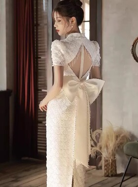 白色旗袍敬酒服新娘订婚晚礼服高端轻奢法式小众回门领证登记可穿