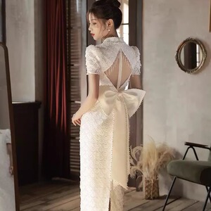 白色旗袍敬酒服新娘订婚晚礼服高端轻奢法式小众回门领证登记可穿