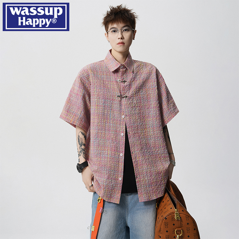 wassuphappy潮流短袖衬衫男