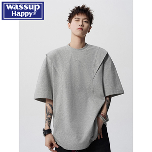 happy短袖 夏季 wassup t恤男士 薄款 潮流设计感活页裁剪休闲五分袖