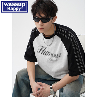 潮流撞色休闲五分袖 wassup 薄款 happy模糊字母短袖 上衣 t恤男夏季