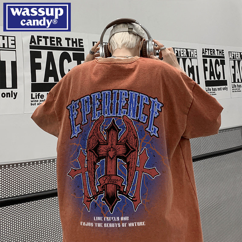 wassup candy水洗短袖t恤男夏季美式复古嘻哈宽松潮牌五分袖上衣