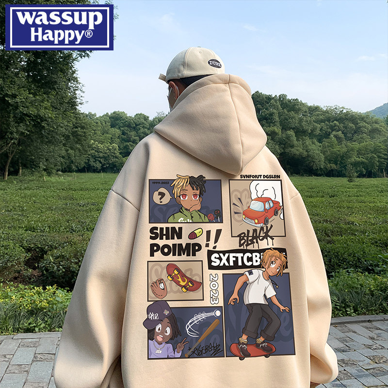 wassup happy潮牌高街卫衣男春秋款重磅宽松美式复古潮流连帽外套