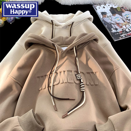 wassup happy美式重磅卫衣男春秋季新款衣服宽松潮牌大码连帽外套