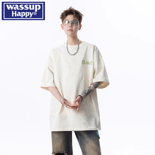 happy砂洗刺绣短袖 夏季 wassup t恤男士 薄款 冰丝凉感休闲五分半袖