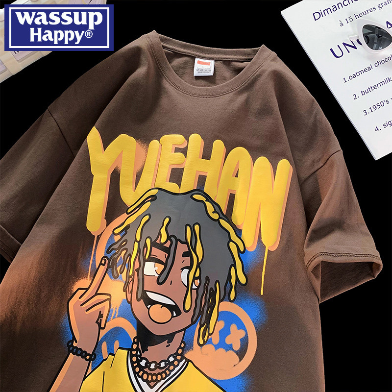 wassup happy涂鸦短袖t恤男夏季美式嘻哈大码五分袖潮牌宽松半袖
