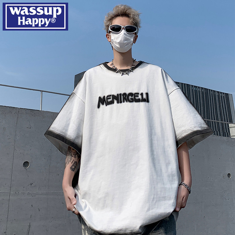 wassup happy美式高街喷绘短袖t恤男夏季2024新款潮流嘻哈五分袖