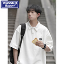 潮流重磅宽松纯色翻领半袖 WASSUP 男夏季 HAPPY简约短袖 体恤 polo衫